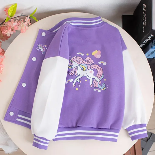 Kids Girls' Baseball Jacket Unicorn Active Button School Coat Outerwear 3-12 Years Fall Black Pink Blue