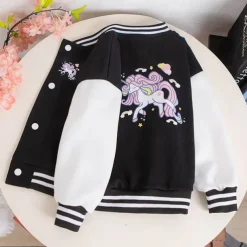 Kids Girls' Baseball Jacket Unicorn Active Button School Coat Outerwear 3-12 Years Fall Black Pink Blue