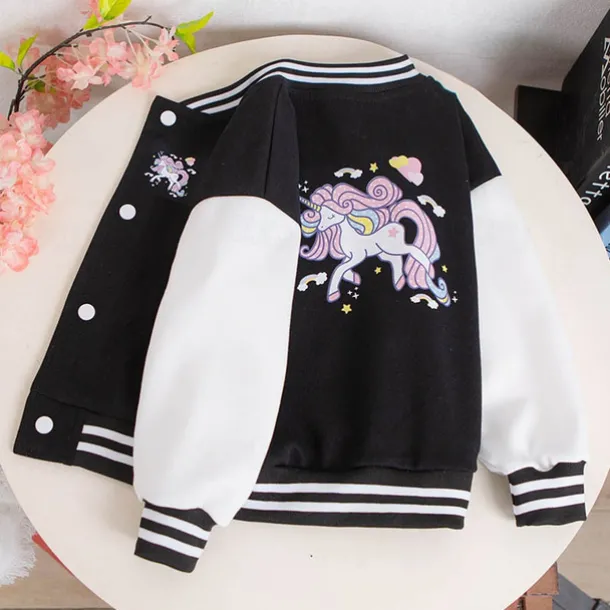 Kids Girls' Baseball Jacket Unicorn Active Button School Coat Outerwear 3-12 Years Fall Black Pink Blue