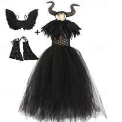 Kids Girls' Cosplay Dress Cosplay Custome Party Dress Solid Color Long Sleeve Performance Party Halloween Party Mesh Gothic Halloween Custome Polyester Maxi Party Dress Swing Dress Tulle Dress Summer