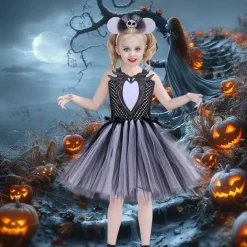 Kids Girls' Cosplay Dress Party Dress Color Block Sleeveless Performance Halloween Party Mesh Patchwork Beautiful Sweet Polyester Knee-length Party Dress A Line Dress Tulle Dress Summer 4 years+ Gray