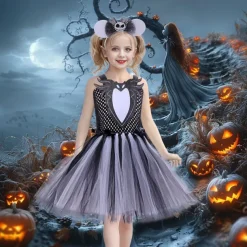 Kids Girls' Cosplay Dress Party Dress Color Block Sleeveless Performance Halloween Party Mesh Patchwork Beautiful Sweet Polyester Knee-length Party Dress A Line Dress Tulle Dress Summer 4 years+ Gray