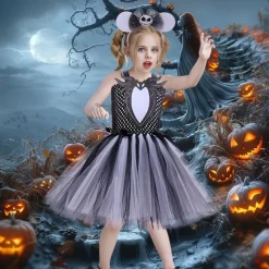 Kids Girls' Cosplay Dress Party Dress Color Block Sleeveless Performance Halloween Party Mesh Patchwork Beautiful Sweet Polyester Knee-length Party Dress A Line Dress Tulle Dress Summer 4 years+ Gray