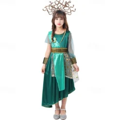 Kids Girls' Cosplay Dress Party Dress Color Block Short Sleeve Performance Halloween Party Patchwork Beautiful Sweet Polyester Maxi Party Dress A Line Dress Summer 4 years+ Green
