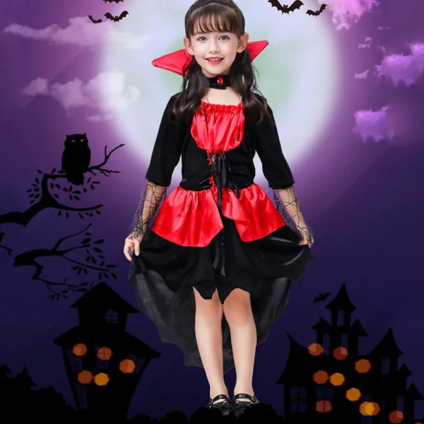 Kids Girls' Dress Color Block halloween custome Long Sleeve Performance Party Patchwork Gothic Costume Polyester Knee-length Casual Dress Summer Spring 4 years+ Red
