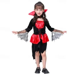 Kids Girls' Dress Color Block halloween custome Long Sleeve Performance Party Patchwork Gothic Costume Polyester Knee-length Casual Dress Summer Spring 4 years+ Red