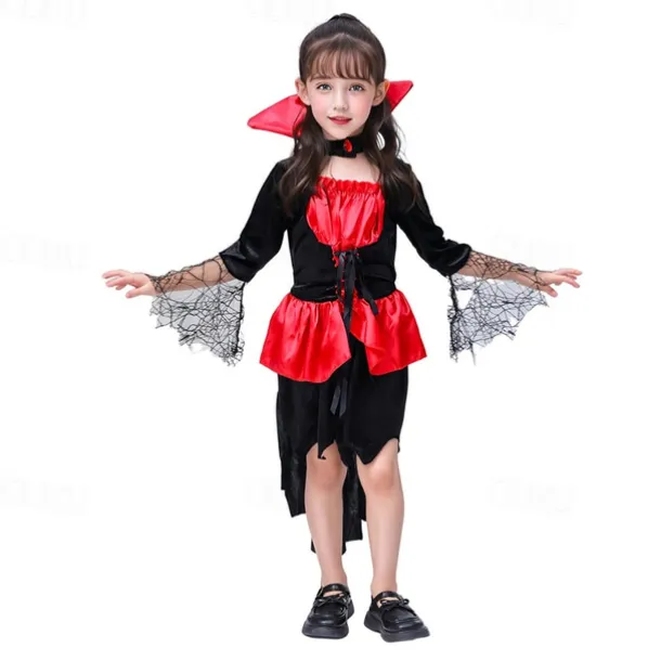 Kids Girls' Dress Color Block halloween custome Long Sleeve Performance Party Patchwork Gothic Costume Polyester Knee-length Casual Dress Summer Spring 4 years+ Red