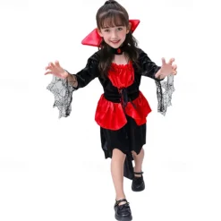 Kids Girls' Dress Color Block halloween custome Long Sleeve Performance Party Patchwork Gothic Costume Polyester Knee-length Casual Dress Summer Spring 4 years+ Red