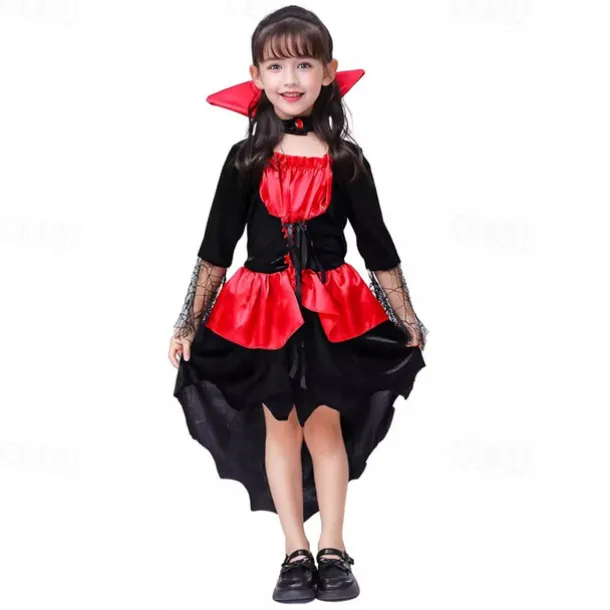 Kids Girls' Dress Color Block halloween custome Long Sleeve Performance Party Patchwork Gothic Costume Polyester Knee-length Casual Dress Summer Spring 4 years+ Red