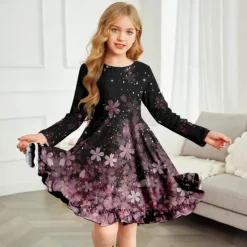 Kids Girls' Dress Floral Color Block Gradient Long Sleeve Outdoor Casual Casual Sweet Polyester Above Knee A Line Dress Summer Spring Fall 4-12 Years Multicolor Black White
