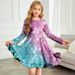 Kids Girls' Dress Floral Color Block Gradient Long Sleeve Outdoor Casual Casual Sweet Polyester Above Knee A Line Dress Summer Spring Fall 4-12 Years Multicolor Black White