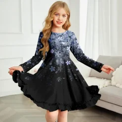 Kids Girls' Dress Floral Color Block Gradient Long Sleeve Outdoor Casual Casual Sweet Polyester Above Knee A Line Dress Summer Spring Fall 4-12 Years Multicolor Black White