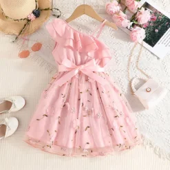 Kids Girls' Dress Floral Dress Flower Sleeveless Outdoor Casual Ruffle Tie Knot Fashion Daily Polyester Knee-length Casual Dress A Line Dress Summer 4 years+ Pink Wine Navy Blue