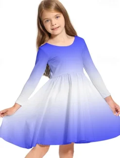 Kids Girls' Dress Graphic Rainbow Long Sleeve Daily Holiday Vacation Print Cute Casual Sweet Polyester Above Knee Swing Dress A Line Dress Spring Fall 3-10 Years Pink Blue Rainbow