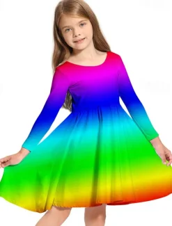 Kids Girls' Dress Graphic Rainbow Long Sleeve Daily Holiday Vacation Print Cute Casual Sweet Polyester Above Knee Swing Dress A Line Dress Spring Fall 3-10 Years Pink Blue Rainbow