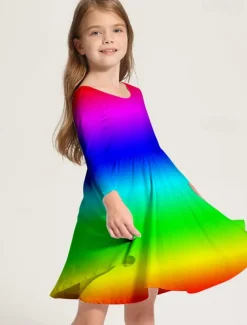 Kids Girls' Dress Graphic Rainbow Long Sleeve Daily Holiday Vacation Print Cute Casual Sweet Polyester Above Knee Swing Dress A Line Dress Spring Fall 3-10 Years Pink Blue Rainbow