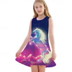 Kids Girls' Dress Graphic Unicorn Gradient Sleeveless Outdoor Casual Fashion Cute Daily Polyester Above Knee Casual Dress A Line Dress Tank Dress Summer Spring 3-12 Years Multicolor Black White