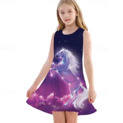 Kids Girls' Dress Graphic Unicorn Gradient Sleeveless Outdoor Casual Fashion Cute Daily Polyester Above Knee Casual Dress A Line Dress Tank Dress Summer Spring 3-12 Years Multicolor Black White