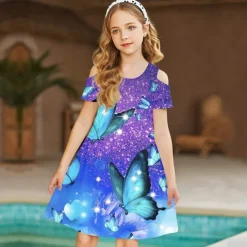 Kids Girls' Dress Graphic Butterfly Short Sleeve Outdoor Casual Hollow Out Fashion Cute Daily Polyester Above Knee Casual Dress A Line Dress Summer Spring 3-12 Years Wine Blue Purple
