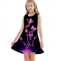 Kids Girls' Dress Graphic Butterfly Sleeveless Outdoor Casual Fashion Cute Daily Polyester Above Knee Casual Dress A Line Dress Tank Dress Summer Spring 3-12 Years Purple