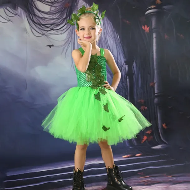 Kids Girls' Dress Party Dress Leaf Witch costume kids halloween custome Sleeveless Performance Special Occasion Mesh Elegant Fashion Beautiful Polyester Knee-length Party Dress Swing Dress Tulle Dress