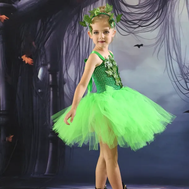 Kids Girls' Dress Party Dress Leaf Witch costume kids halloween custome Sleeveless Performance Special Occasion Mesh Elegant Fashion Beautiful Polyester Knee-length Party Dress Swing Dress Tulle Dress