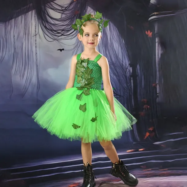 Kids Girls' Dress Party Dress Leaf Witch costume kids halloween custome Sleeveless Performance Special Occasion Mesh Elegant Fashion Beautiful Polyester Knee-length Party Dress Swing Dress Tulle Dress