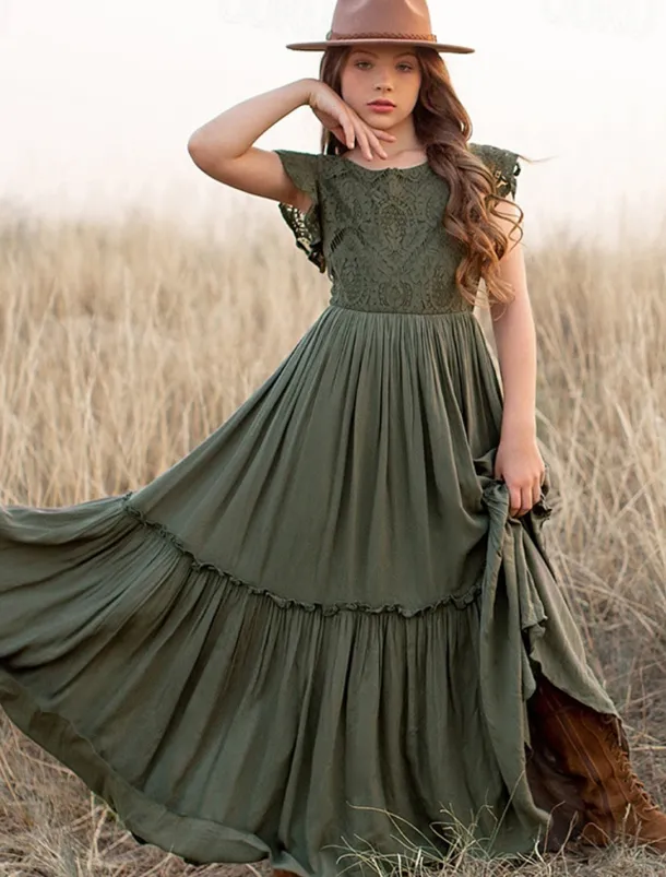 Kids Girls' Dress Solid Colored Short Sleeve Daily Holiday Lace Ruched Princess Sweet Cotton Maxi A Line Dress Summer 4-13 Years White Champagne Wine