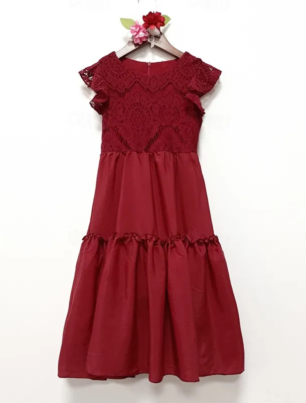 Kids Girls' Dress Solid Colored Short Sleeve Daily Holiday Lace Ruched Princess Sweet Cotton Maxi A Line Dress Summer 4-13 Years White Champagne Wine