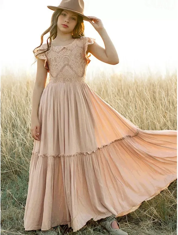 Kids Girls' Dress Solid Colored Short Sleeve Daily Holiday Lace Ruched Princess Sweet Cotton Maxi A Line Dress Summer 4-13 Years White Champagne Wine