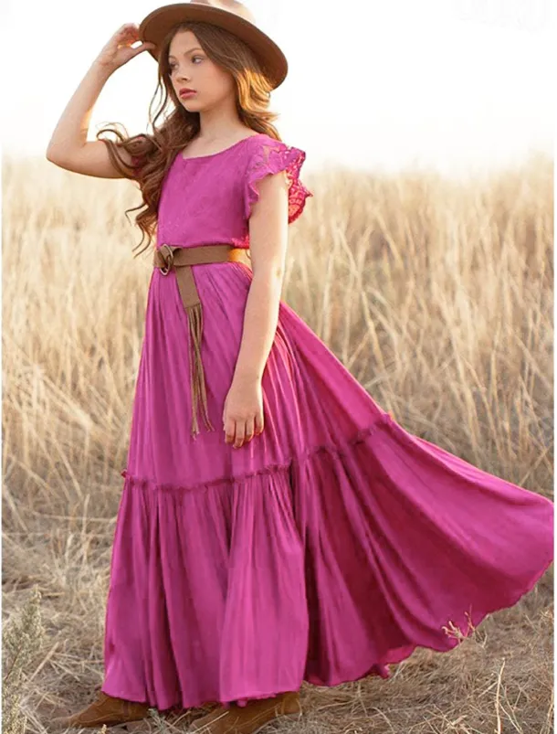 Kids Girls' Dress Solid Colored Short Sleeve Daily Holiday Lace Ruched Princess Sweet Cotton Maxi A Line Dress Summer 4-13 Years White Champagne Wine