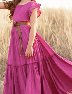 Kids Girls' Dress Solid Colored Short Sleeve Daily Holiday Lace Ruched Princess Sweet Cotton Maxi A Line Dress Summer 4-13 Years White Champagne Wine