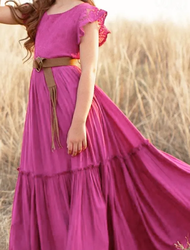 Kids Girls' Dress Solid Colored Short Sleeve Daily Holiday Lace Ruched Princess Sweet Cotton Maxi A Line Dress Summer 4-13 Years White Champagne Wine