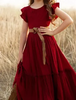 Kids Girls' Dress Solid Colored Short Sleeve Daily Holiday Lace Ruched Princess Sweet Cotton Maxi A Line Dress Summer 4-13 Years White Champagne Wine