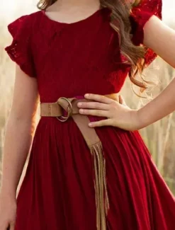 Kids Girls' Dress Solid Colored Short Sleeve Daily Holiday Lace Ruched Princess Sweet Cotton Maxi A Line Dress Summer 4-13 Years White Champagne Wine