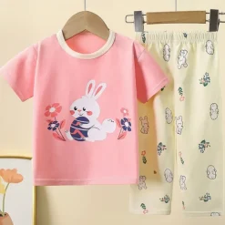Kids Girls' Easter Pajama Sets Short Sleeve Light Pink White Yellow Rabbit Summer Adorable Home 4 years+