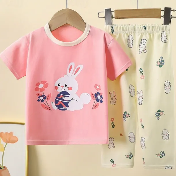 Kids Girls' Easter Pajama Sets Short Sleeve Light Pink White Yellow Rabbit Summer Adorable Home 4 years+