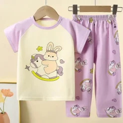 Kids Girls' Easter Pajama Sets Short Sleeve Light Pink White Yellow Rabbit Summer Adorable Home 4 years+