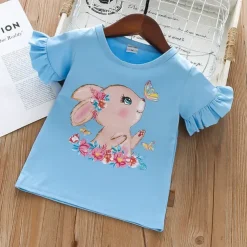 Kids Girls' Easter T shirt Rabbit Outdoor Print Short Sleeve Ruffle Fashion 4 years+ Summer Blue