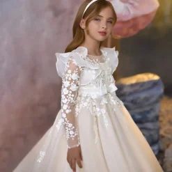 Kids Girls' First Communion Dress Party Dress Solid Color Sleeveless Long Sleeve Performance Wedding Party Mesh Princess Sweet Mesh Mid-Calf Sheath Dress Tulle Dress Summer Spring Fall kids Ivory