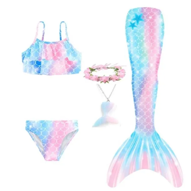 Kids Girls' Five Piece Mermaid Swimwear Swimwear Bikini Beach Swimming Rainbow Tie Dye Cute Bathing Suits 3-10 Years Summer Light Blue Colorful