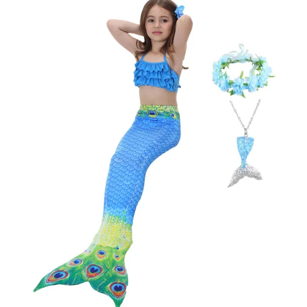 Kids Girls' Five Piece Mermaid Swimwear Swimwear Bikini Beach Swimming Rainbow Tie Dye Cute Bathing Suits 3-10 Years Summer Light Blue Colorful