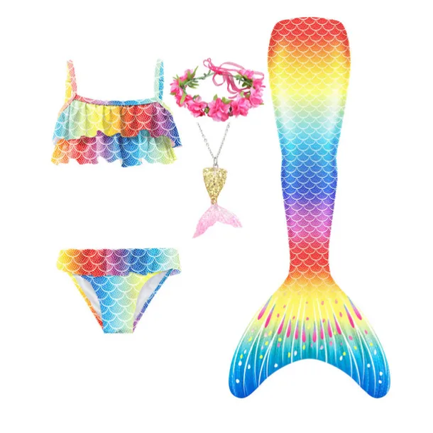 Kids Girls' Five Piece Mermaid Swimwear Swimwear Bikini Beach Swimming Rainbow Tie Dye Cute Bathing Suits 3-10 Years Summer Light Blue Colorful