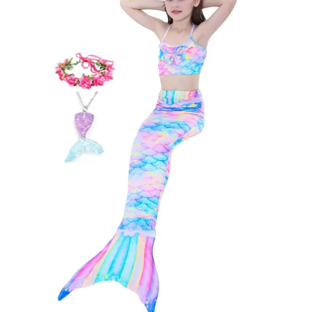 Kids Girls' Five Piece Mermaid Swimwear Swimwear Bikini Beach Swimming Rainbow Tie Dye Cute Bathing Suits 3-10 Years Summer Light Blue Colorful