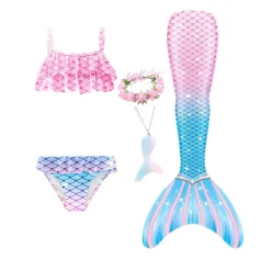Kids Girls' Five Piece Mermaid Swimwear Swimwear Bikini Beach Swimming Rainbow Tie Dye Cute Bathing Suits 3-10 Years Summer Light Blue Colorful