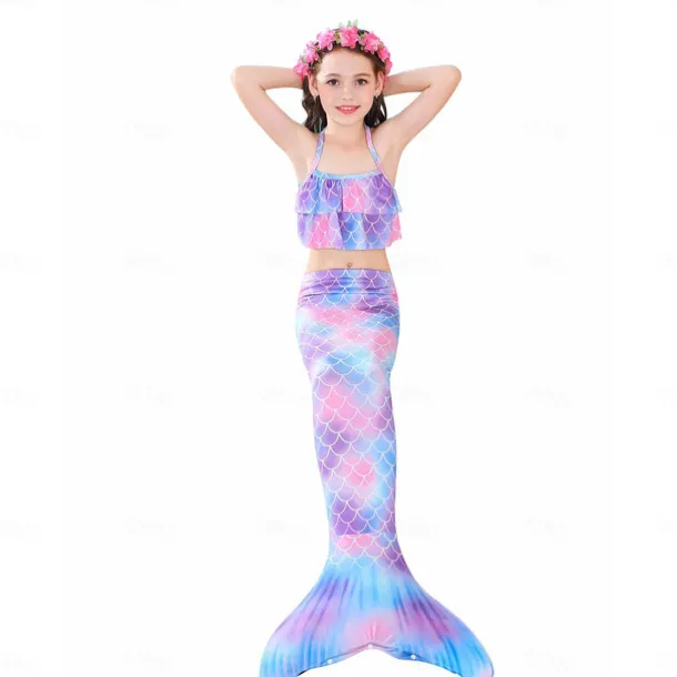 Kids Girls' Five Piece Mermaid Swimwear Swimwear Bikini Beach Swimming Rainbow Tie Dye Cute Bathing Suits 3-10 Years Summer Light Blue Colorful