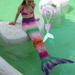 Kids Girls' Five Piece Mermaid Swimwear Swimwear Bikini Beach Swimming Rainbow Tie Dye Cute Bathing Suits 3-10 Years Summer Light Blue Colorful
