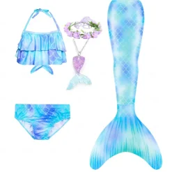 Kids Girls' Five Piece Mermaid Swimwear Swimwear Bikini Beach Swimming Rainbow Tie Dye Cute Bathing Suits 3-10 Years Summer Light Blue Colorful