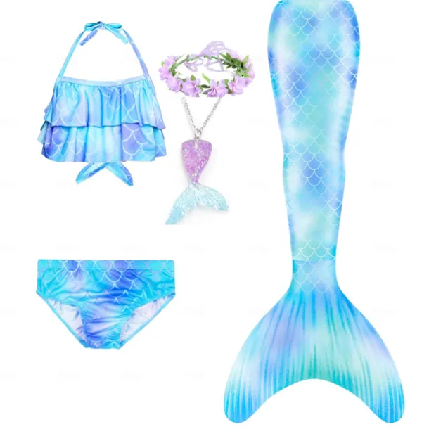 Kids Girls' Five Piece Mermaid Swimwear Swimwear Bikini Beach Swimming Rainbow Tie Dye Cute Bathing Suits 3-10 Years Summer Light Blue Colorful