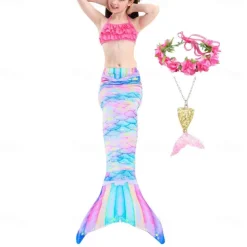 Kids Girls' Five Piece Mermaid Swimwear Swimwear Bikini Beach Swimming Rainbow Tie Dye Cute Bathing Suits 3-10 Years Summer Light Blue Colorful